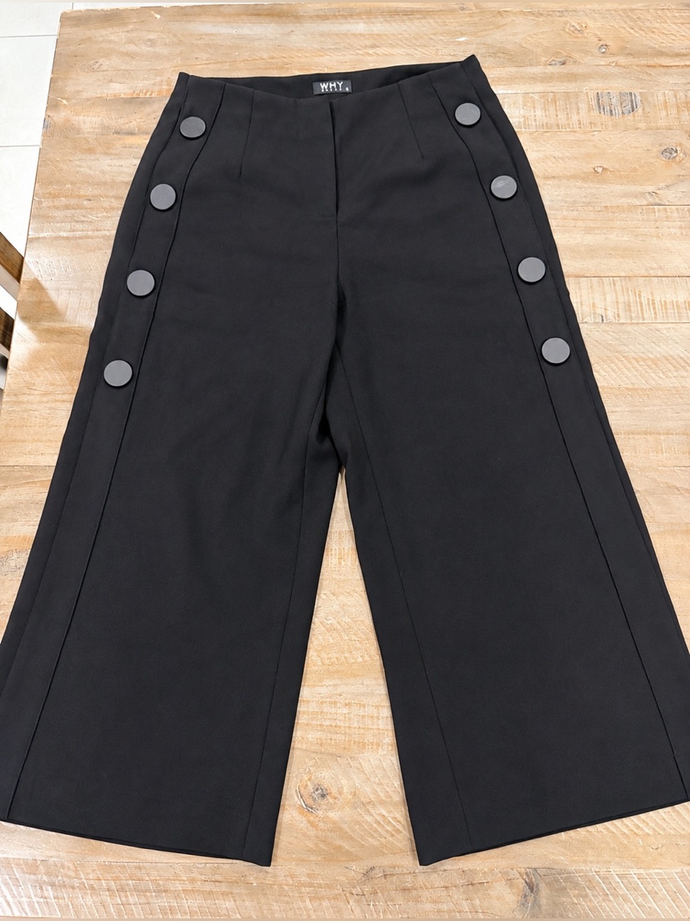 WHY Wide-Leg Cropped Button-Accent Pants in Black